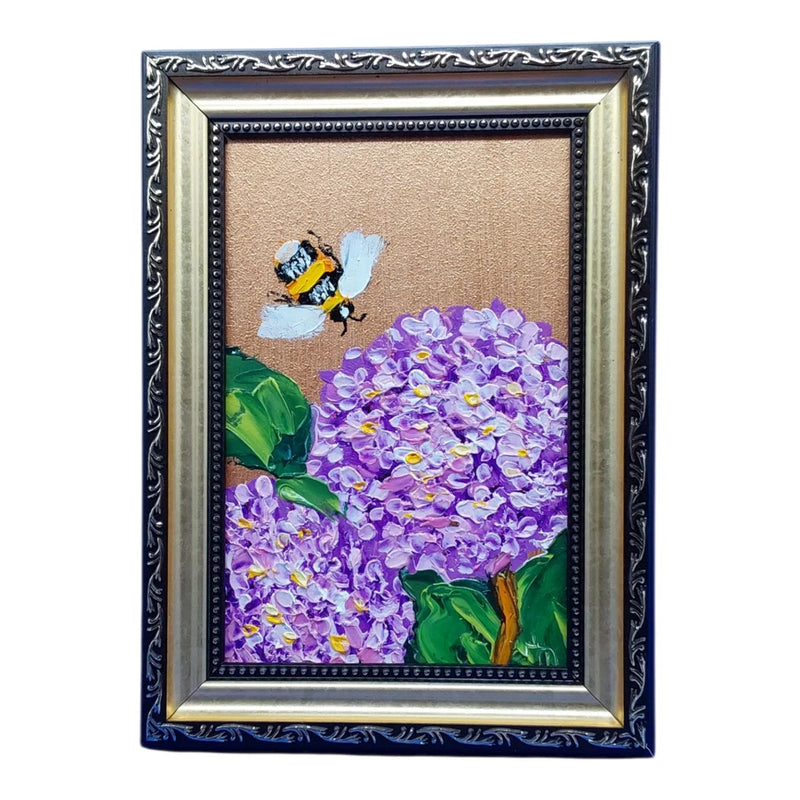 Honey bee Hydrangea 3D Original Painting Bumblebe Flowers Wall Art Handmade 6x4 Hydrangea