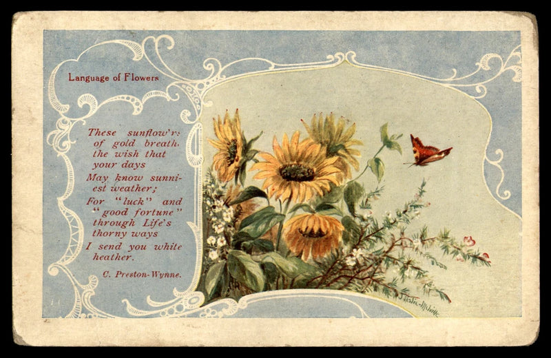 Flower language postcard featuring sunflowers, butterflies, and decorative script text