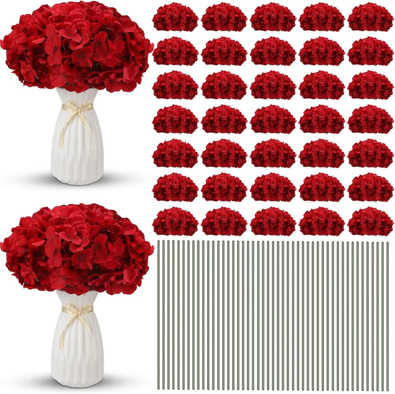Burgundy Silk Hydrangea Flower Heads with Stems - 100 Pieces for DIY Decor Hydrangea