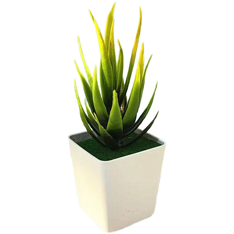 Artificial aloe bonsai plant in white square pot, green spiky leaves