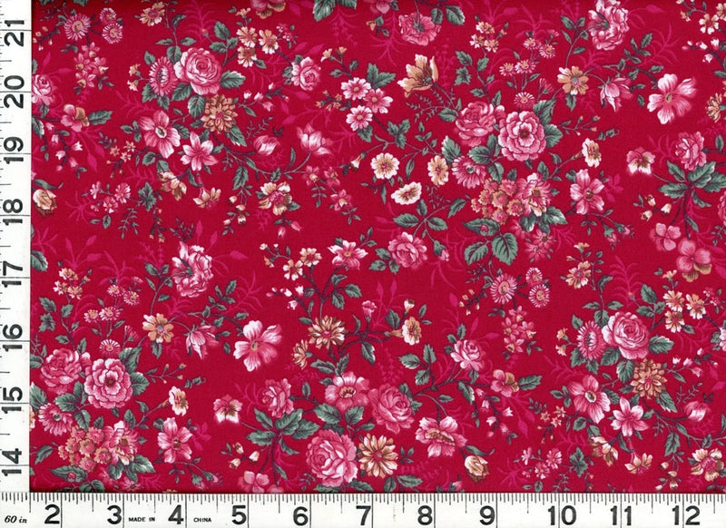 Red quilting sewing fabric with pink and white roses floral print, yardage