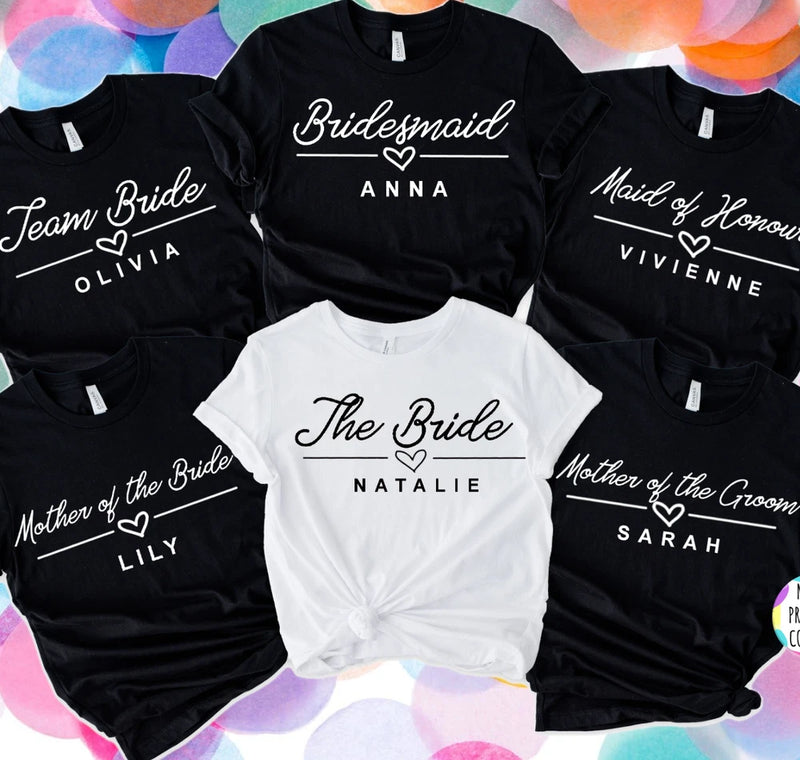 Set of crewneck hen party T-shirts, black and white, with embroidered-style names and hearts