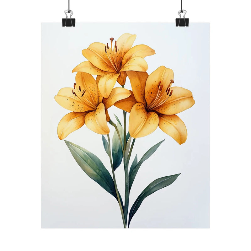 Yellow tiger lily flower art print poster with bouquet and green leaves