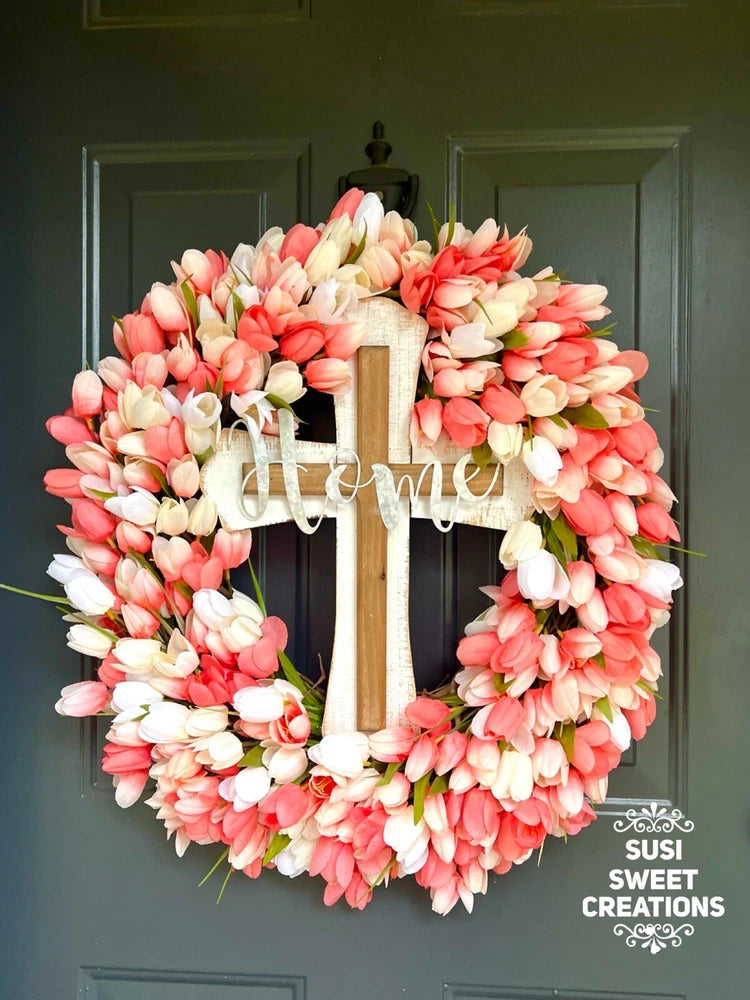 Tulip Wreath, Summer Coral Wreath, Wreath For Mom, New Home Gift, Tulip Lover Sunflower