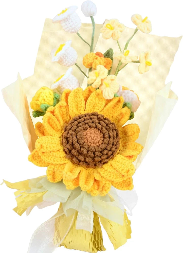Handmade crochet flower bouquet with yellow sunflower, orange center, and white blooms