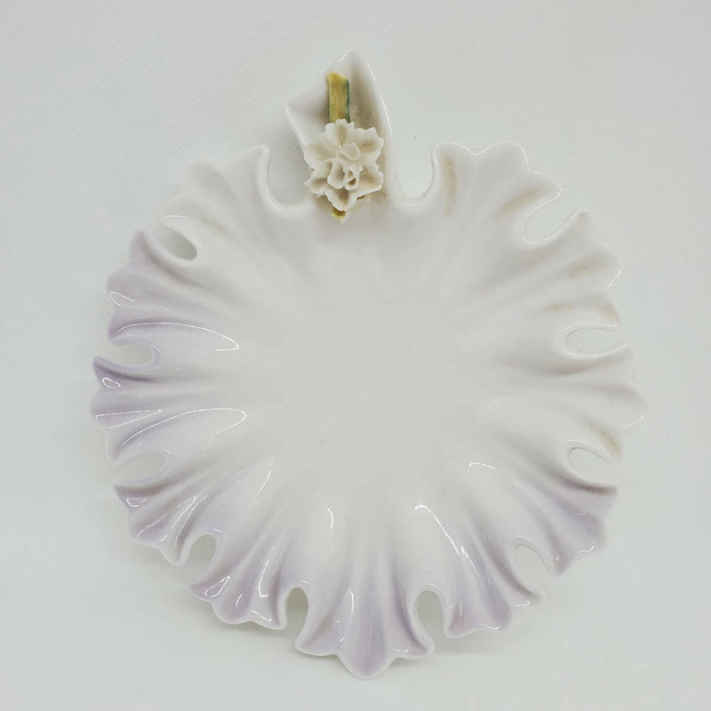 Lenwile Ardalt White Ruffled Porcelain Candy Dish Lavender Carnation Flower 7.5" Carnation