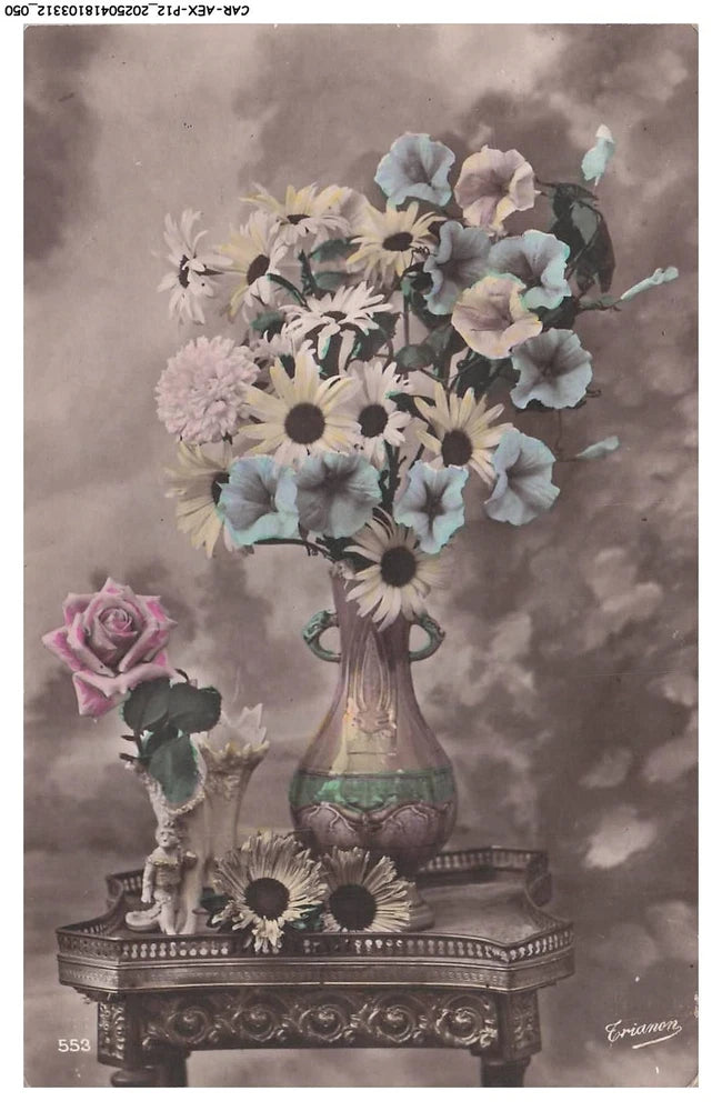 Flower bouquet in vase with sunflowers and daisies on a tabletop, still-life print