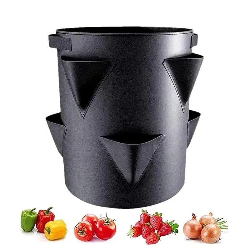 Outdoor fabric planter pot, dark gray/black with 7 side grow pockets for strawberries