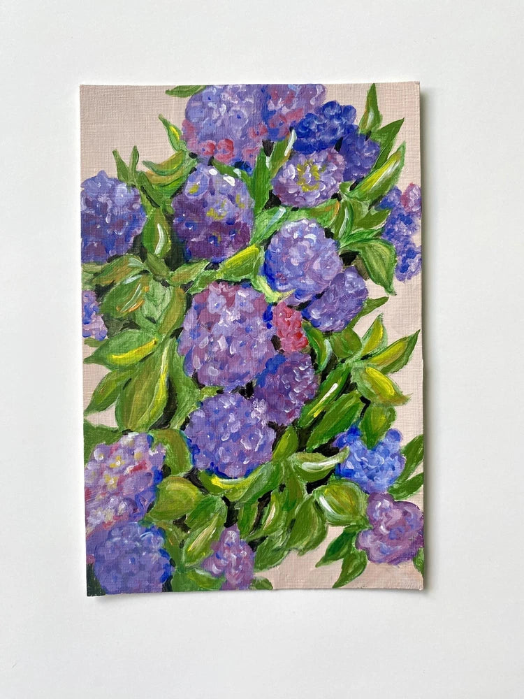 Purple Blue Hydrangeas Acrylic Painting Flower Decor Small Art 4 x 6 Inch Hydrangea