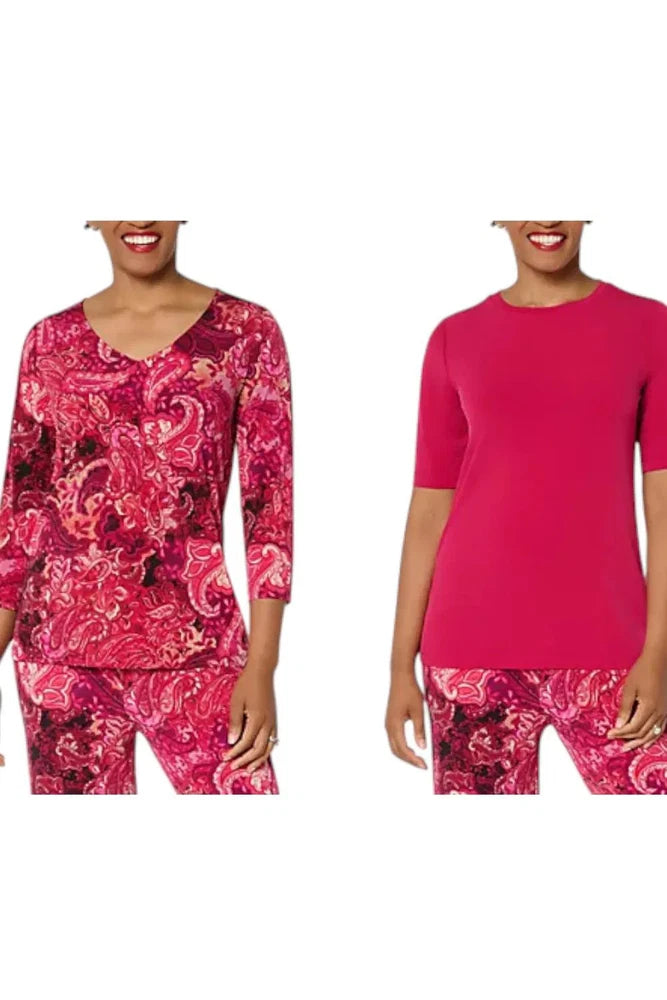 Women’s 2-pack liquid knit tops: paisley print 3/4 sleeve and solid rose short sleeve