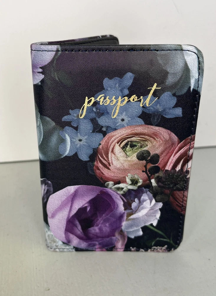 Passport Case Floral Black Blue Purple Ranunculus Travel Women Ranunculus