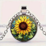 Retro Boho Style Bright Sunflower Pattern Round Pendant Necklace Sunflower
