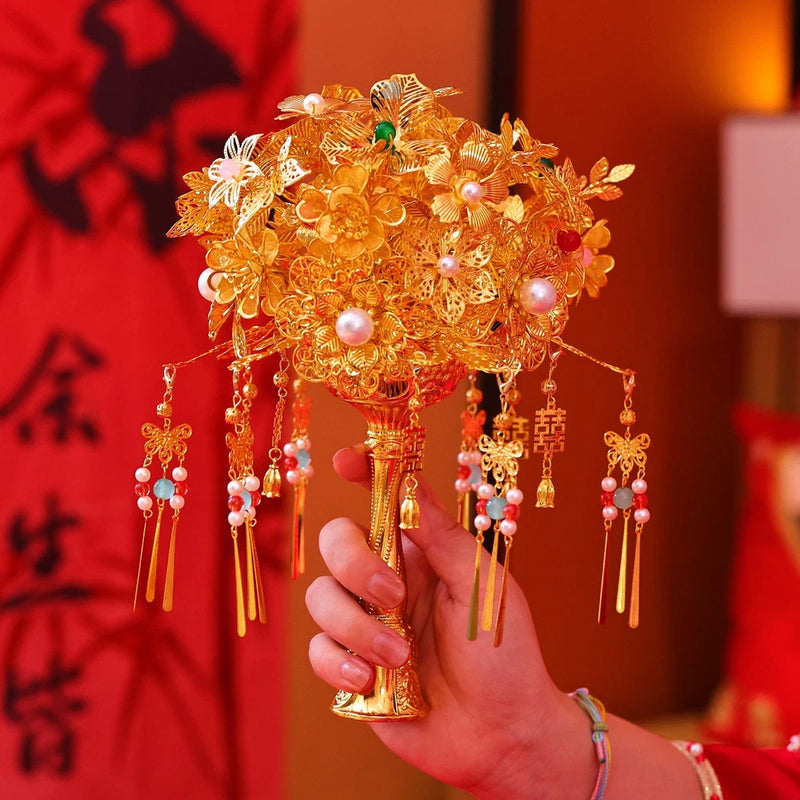 Gold Plated Bridal Hand Bouquet Chinese Wedding Flower Holder Accessory Bouquet