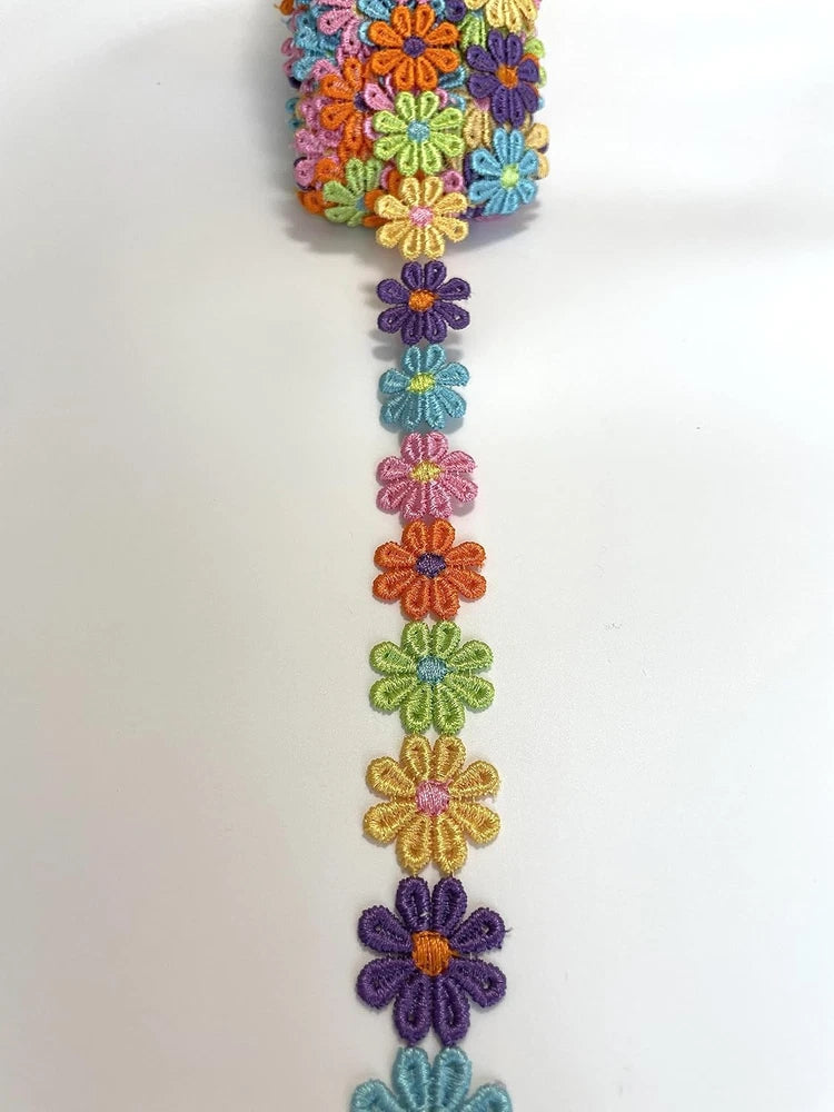 Multicolor embroidered flower lace trim ribbon with scalloped edge and layered petals