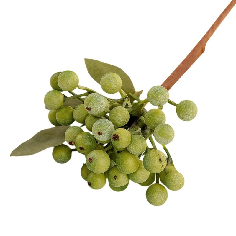 Artificial green berry flower stem with foam plastic clusters on brown twig