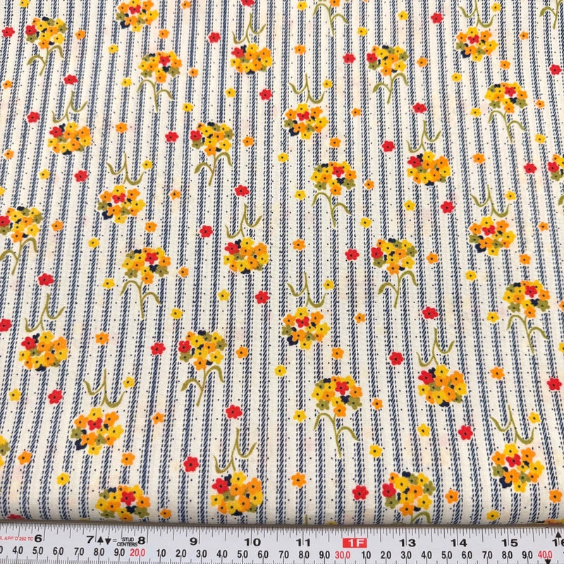 Vintage Florals & Blue Ticking Stripes Cotton Blend Fabric by the HALF YARD Flowering Plants