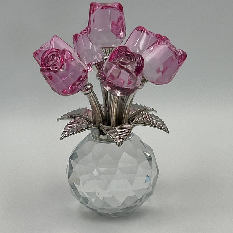 Handmade Crystal Glass Pink Rose Bouquet Flowers Vase Figurine + Gift Bag & Card Bouquet