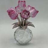 Handmade Crystal Glass Pink Rose Bouquet Flowers Vase Figurine + Gift Bag & Card Bouquet