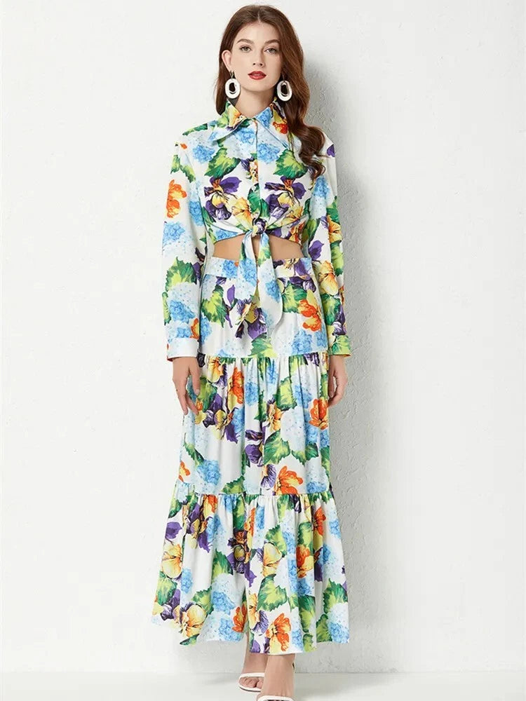 2022 Summer Runway Hydrangea Flower Vacation Maxi Boho Suit Women s-xxl Hydrangea