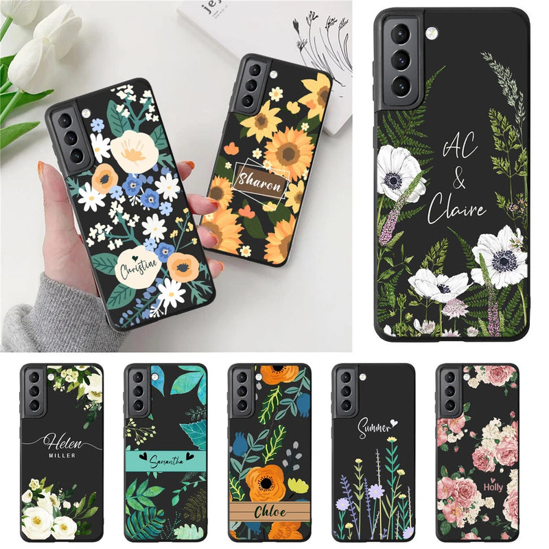 Personalised phone case with sunflower and floral print, cursive name on dark background