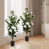 2Pcs Artificial Tea Rose Trees Home Office Plant Decors w/ 20 Flowers Each Piece Green Plant