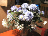 LARGE ARTIFICIAL SILK BLUE CARNATION FLOWER ARRANGEMENT w/ Glass Vase Carnation
