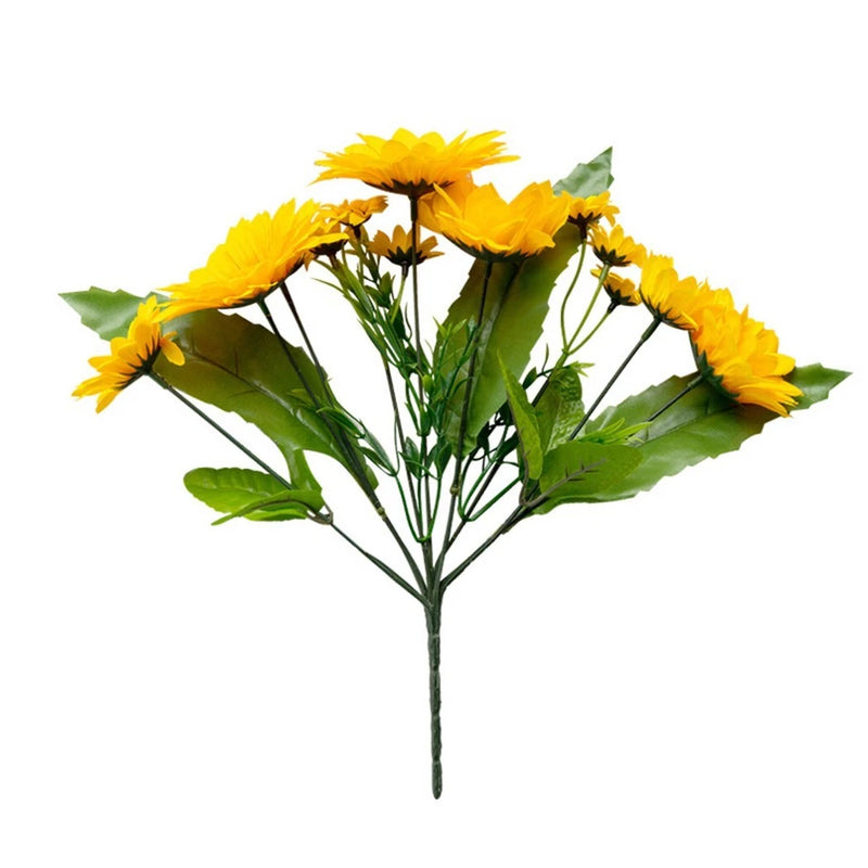 Artificial sunflower bouquet with multiple yellow silk blooms and green leaves