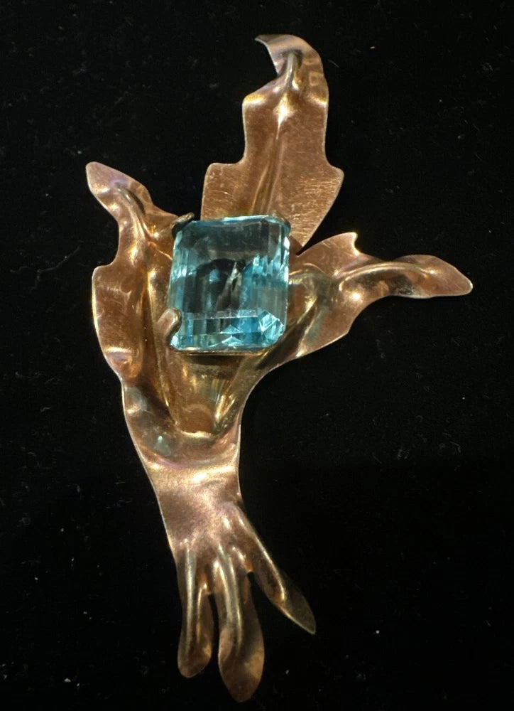 Vintage Sterling Brooch Lily Aqua Blue Glass Faceted Leaf beautiful!!!! Lily