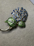 Vintage 1928 Jewelry Blue Enamel Hydrangea Flower Brooch Pin Gold Tone Signed Hydrangea