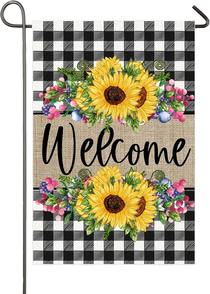 Welcome garden flag with yellow sunflowers on black-and-white buffalo plaid