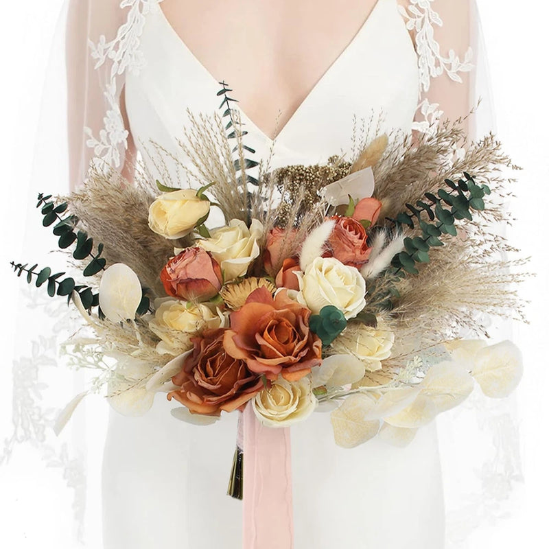 Rinlong 15.7" Wide Fall Wedding Bouquets for Bride Burnt Orange Dried Flowers... Pampas Grass