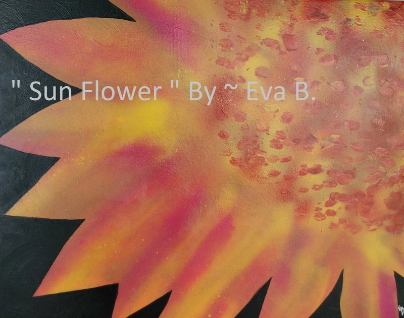 Abstract sunflower canvas painting with yellow, orange, pink petals and dark leaf shapes
