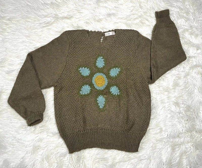 Mu Fashion Women's Sz Medium Floral Sunflower Sweater Olive Green Balloon Sleeve Sunflower