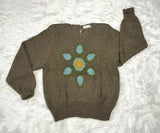 Mu Fashion Women's Sz Medium Floral Sunflower Sweater Olive Green Balloon Sleeve Sunflower