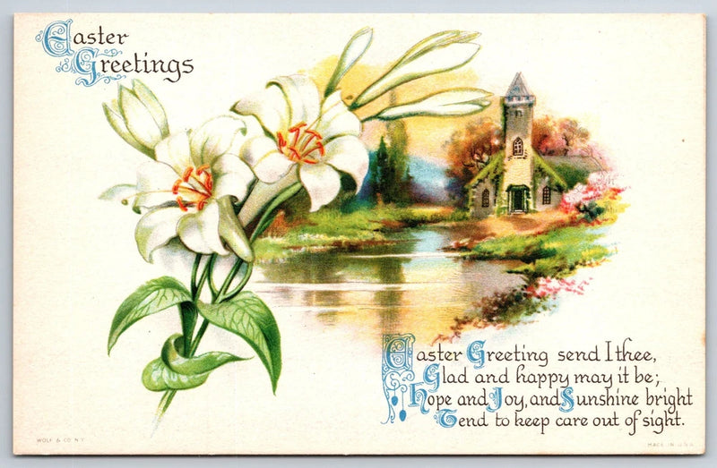 Vintage Easter greeting postcard with lily flowers, river, and small church illustration