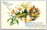Clapsaddle~Easter Greetings~Church Near River W/ Lily Flowers~Vintage Postcard Lily