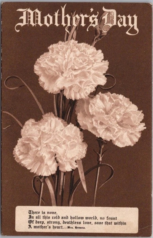 MOTHER'S DAY Greetings Postcard White Carnation Flowers / Poem - 1915 Cancel Carnation