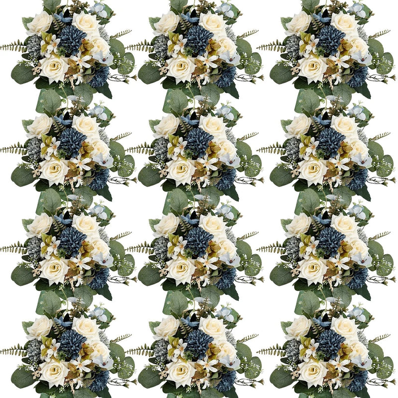 Artificial flower bundle set with cream, white, blue blooms and green eucalyptus leaves