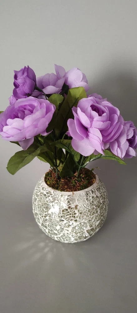 Lilac peony artificial flowers in a textured silver mosaic mirror pot