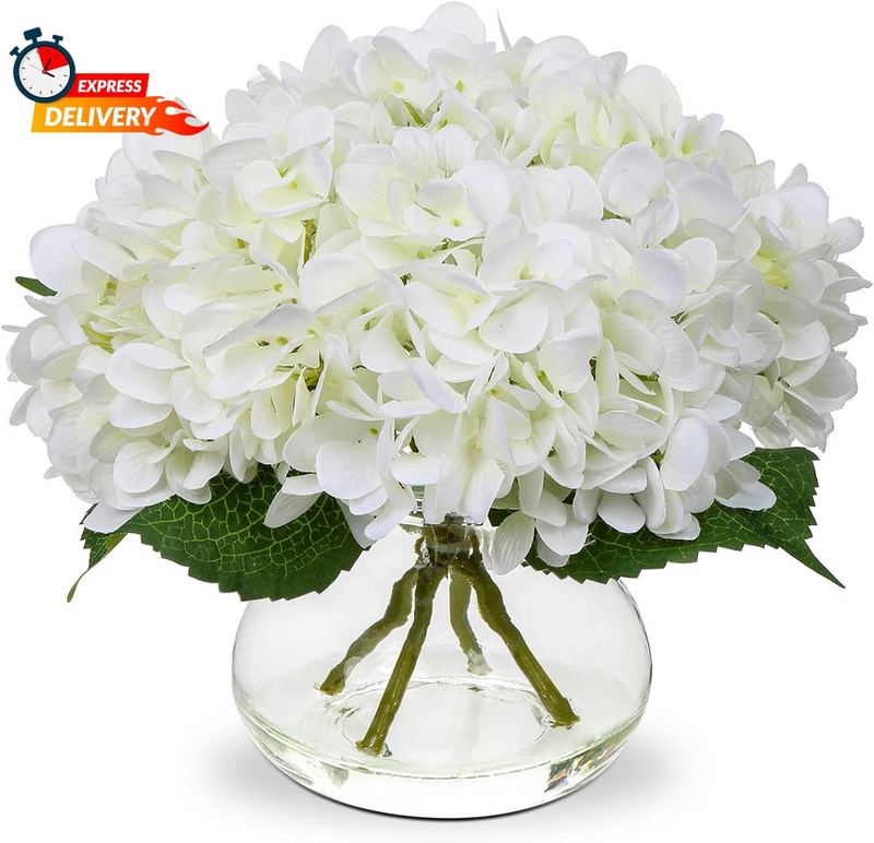 Hollyone Hydrangea Artificial Flowers with Vase White Silk Fake Flowers Arrangem Hydrangea