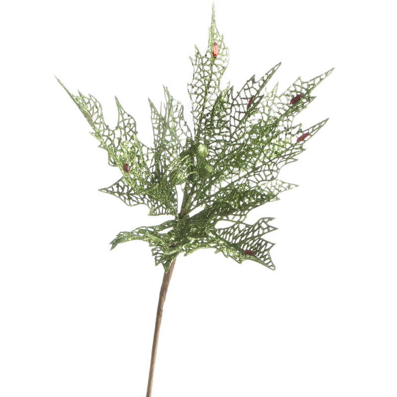 Green sparkling mesh poinsettia stem, single wired stem with glittery petals