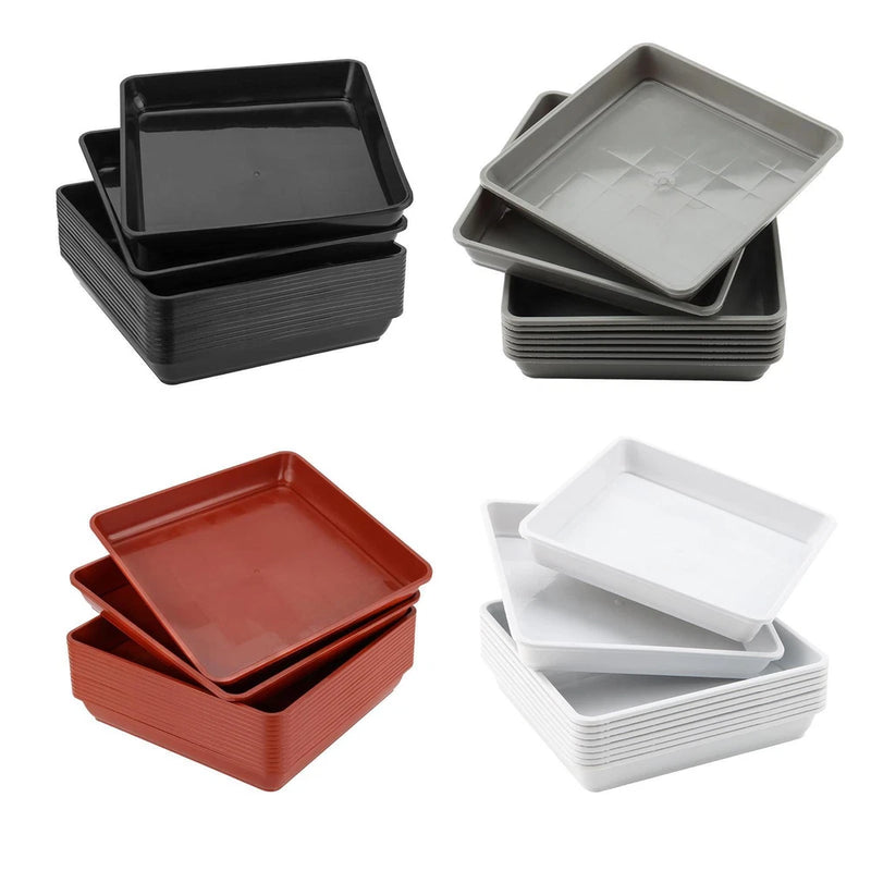 Square plant saucers set of 10, nested black, gray, red, and white trays