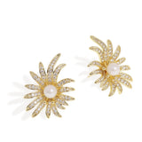 Gold Daisy Pearl Flower Stud Earrings for Women, Trendy Sunflowers Floral CZ Rhi Sunflower