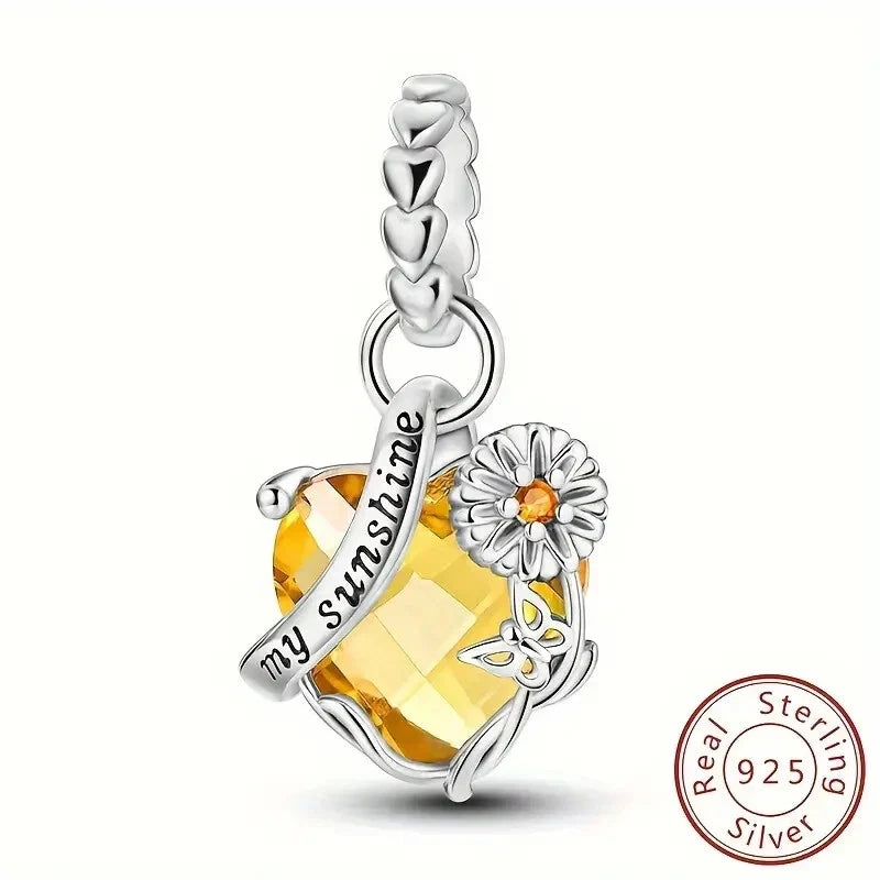 925 Pure Silvery Love Gem Sunflower Pendant Beads Sunflower
