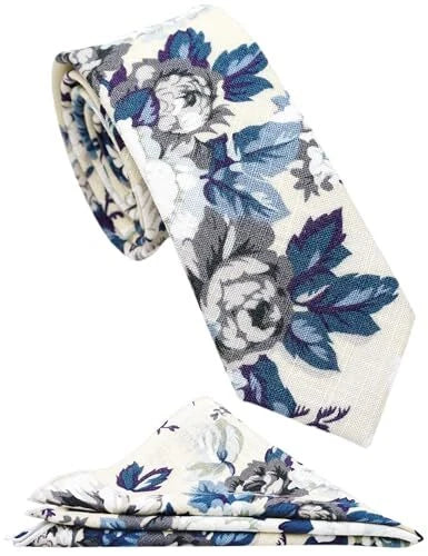 ZENXUS Mens Casual Skinny Floral Tie Combo Set with Flower Pocket Beige Peony Peony