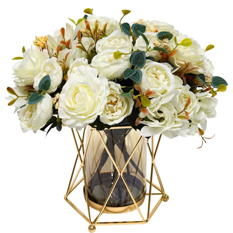 Faux Flowers with Vase, Silk Peony Bouquet Artificial Flowers in Vase, Fake F... Peony