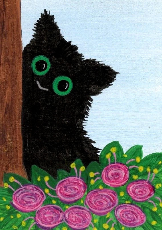 Mini art print of black cat with pink roses and green flowers