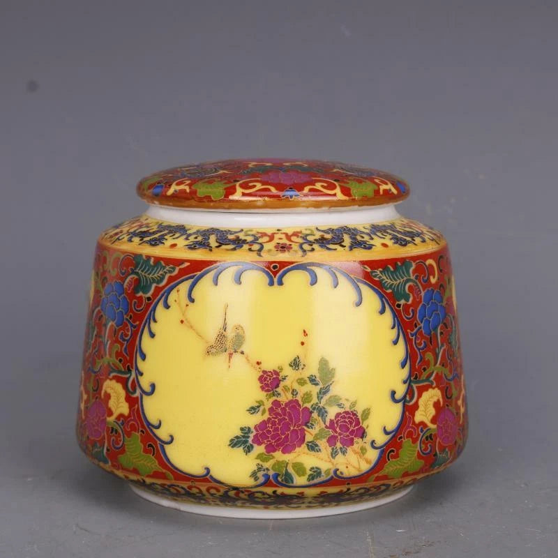 3.6" ChineseColour Enamels Porcelain Peony Flower Magpie Bird Tea-leaves Pots Peony