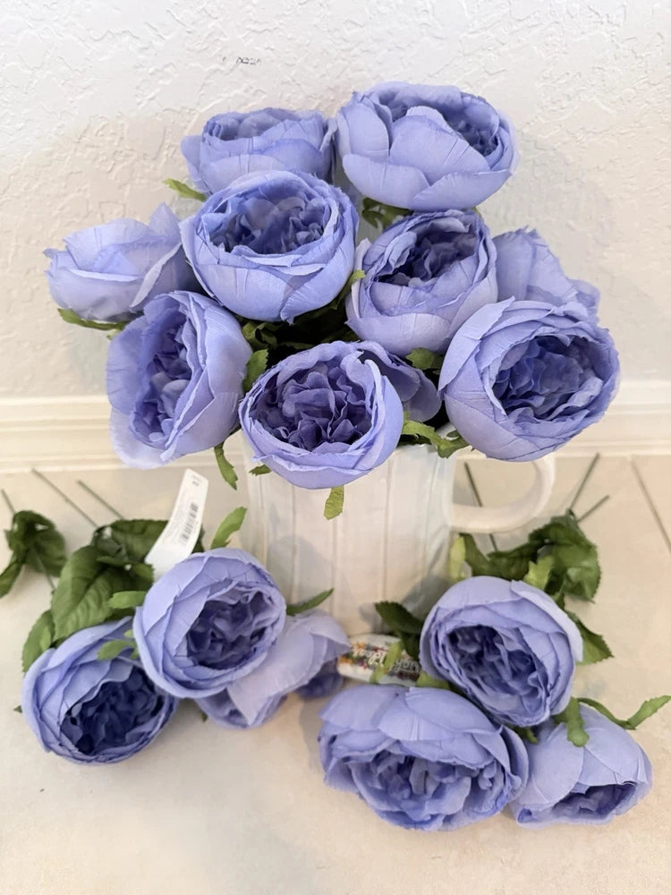 Artificial periwinkle peony flowers with layered petals on green stems