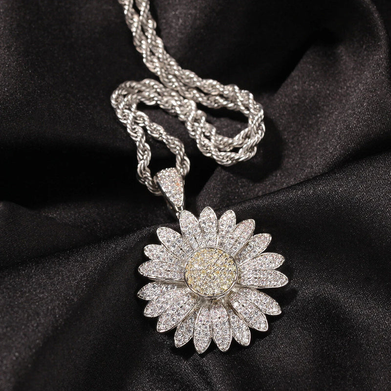 Sunflower pendant necklace with pavé CZ and gold-tone chain